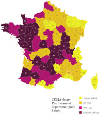 Joonisel on CUMA-de arv Prantsusmaal departemangude kaupa 2017. aastal.