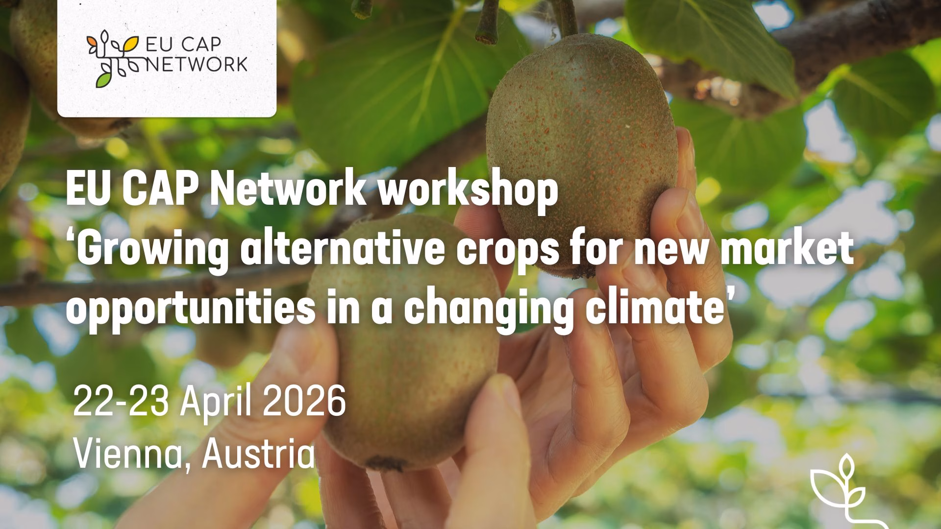 Kaks kätt hoiavad puuvilja, taustal rohelised lehed; tekst viitab EL ÜPP võrgustiku töötoale alternatiivsete kultuuride teemal Viinis 2026. aastal.